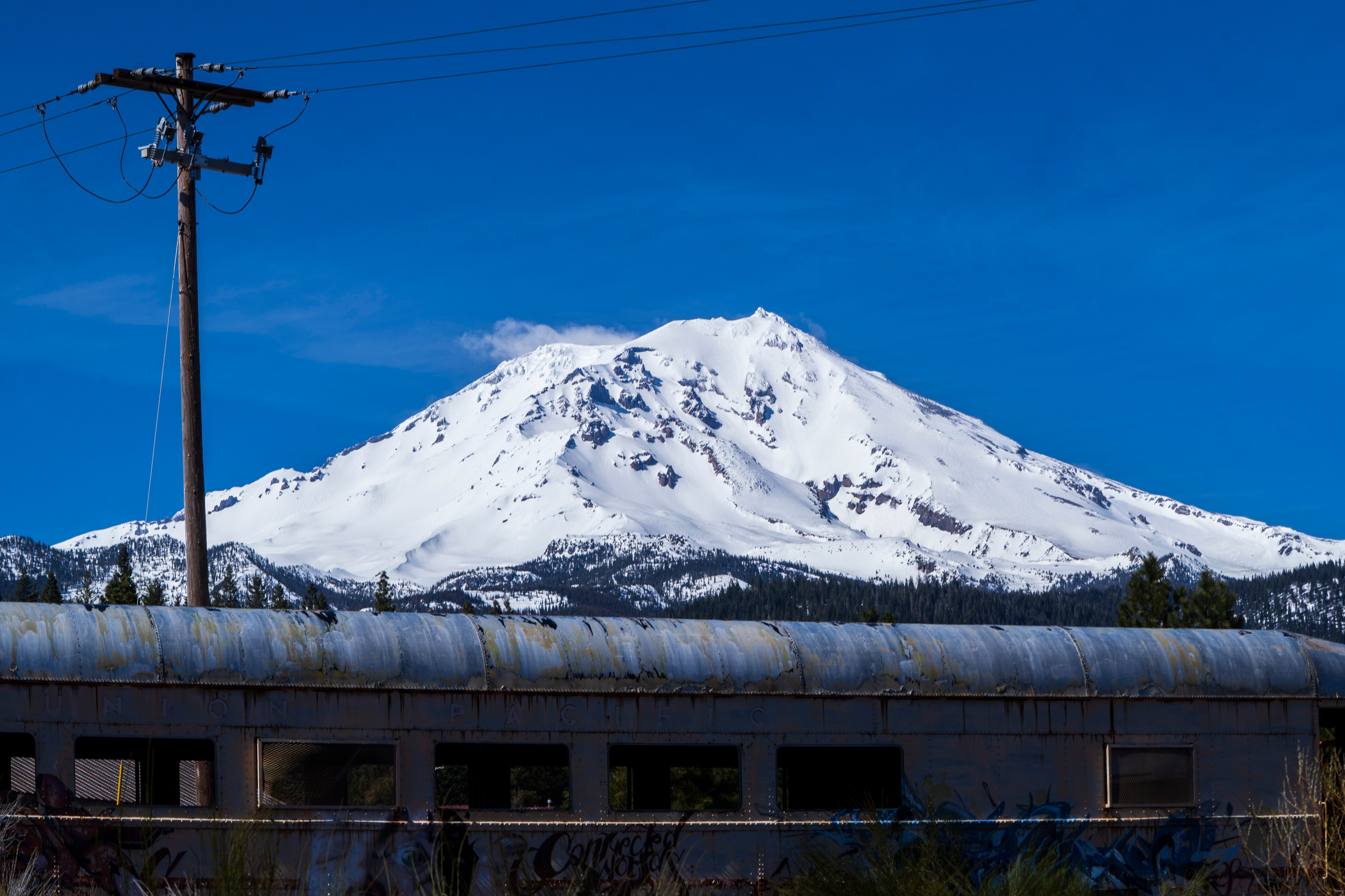 California's Mt. Shasta as seen Monday, April 1, 2024 from the McCloud River Railroad yard.