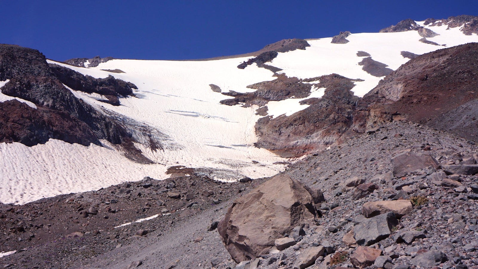 The Wintun Glacier is located on the west side of Mt. Shasta.