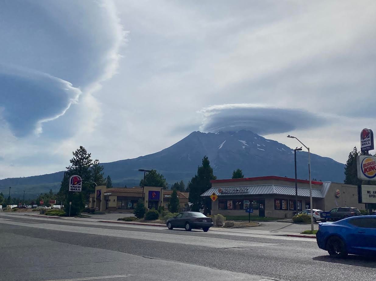 Mt. Shasta and two lenticular clouds over South Weed in February of 2020.