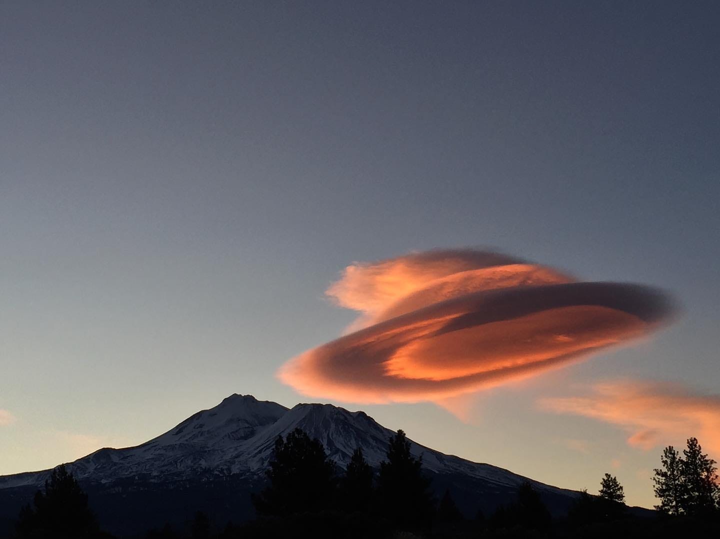 A lenticular cloud resembles a witch's hat over Mt. Shasta in this photo submitted by Cathy Casey in 2020.