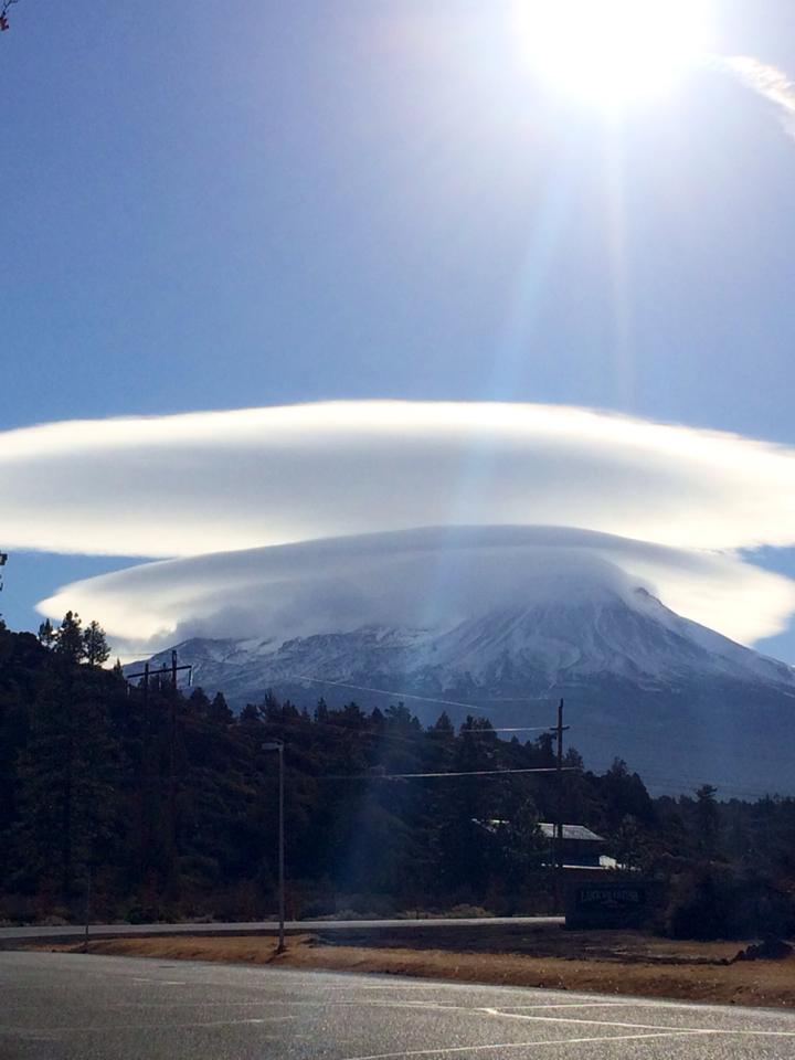 Stacked lenticular clouds over Mt. Shasta in February, 2014.