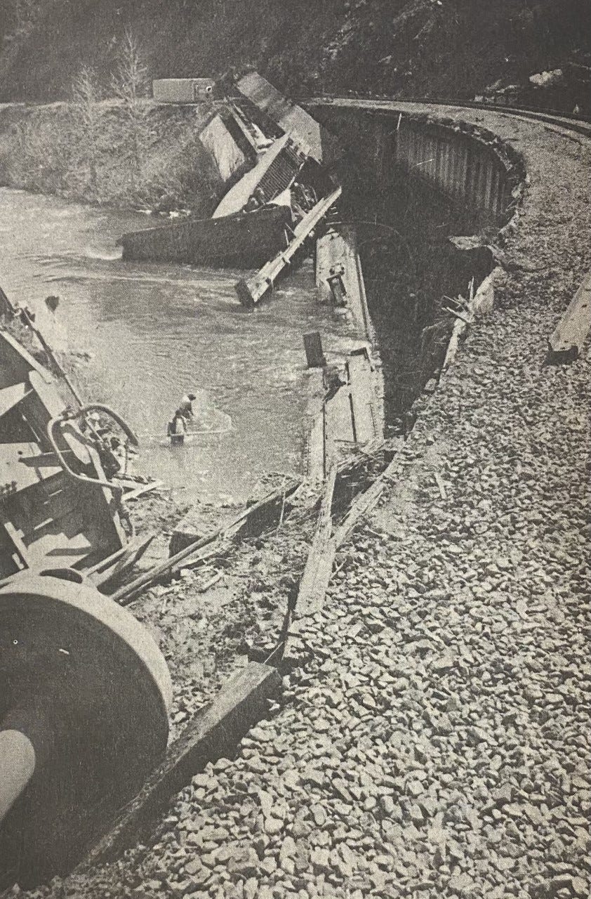 This photo, from the April 14, 1976 Dunsmuir News archives, was titled, "Tangle of Steel." "This was the scene after three flat cars containing four vans plunged into the Sacramento River after nine cars jumped the tracks on the Cantara bridge north of Dunsmuir. Guard rails were torn down as the piggybacks plummeted from the tracks, SP salvage workers can be seen in the water and faintly visible on the far side of the river are nets which were placed to catch debris."